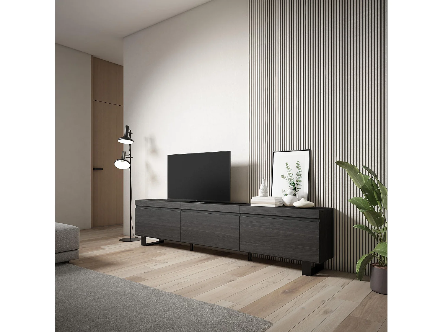 Meuble TV, Banc Télé, 240x35x57 cm, Design industriel, Noir