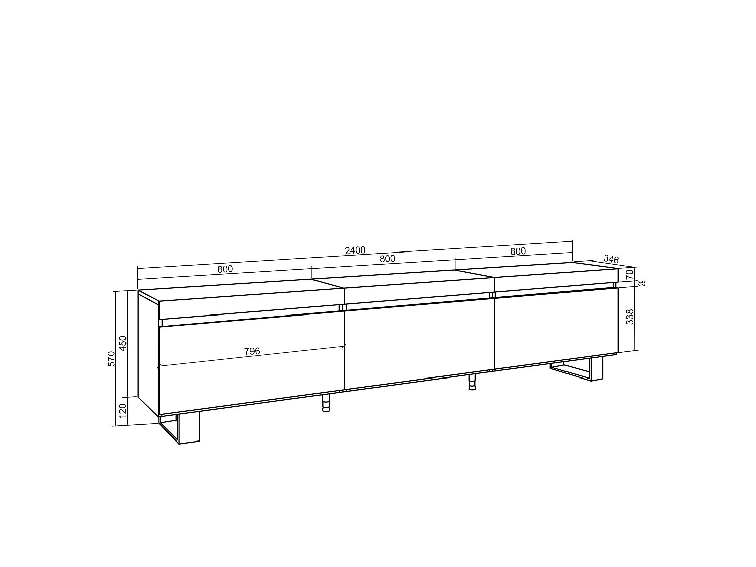 TV-Meubel, Lowboard, 240x35x57cm, Industrieel design, Zwart