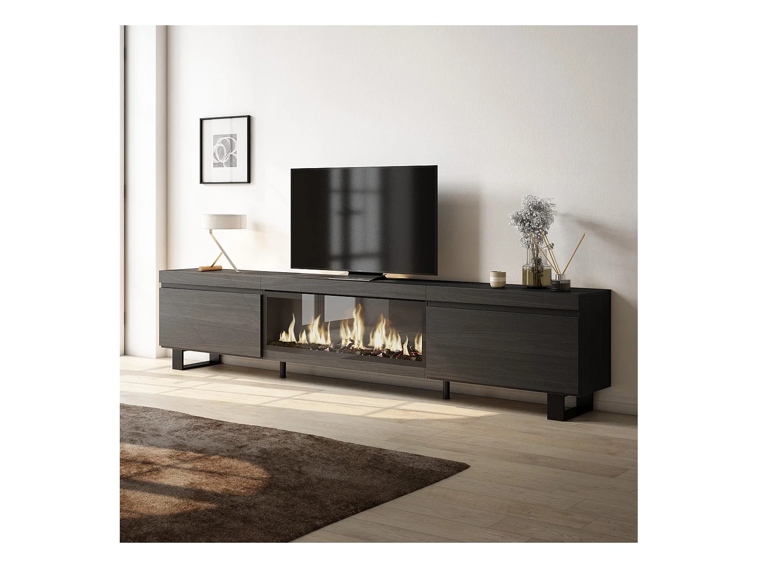 TV-Schrank, Lowboard, 267x35x57cm, Für großformatiges TV, Elektrokamin XXL, Industriedesign, Schwarz