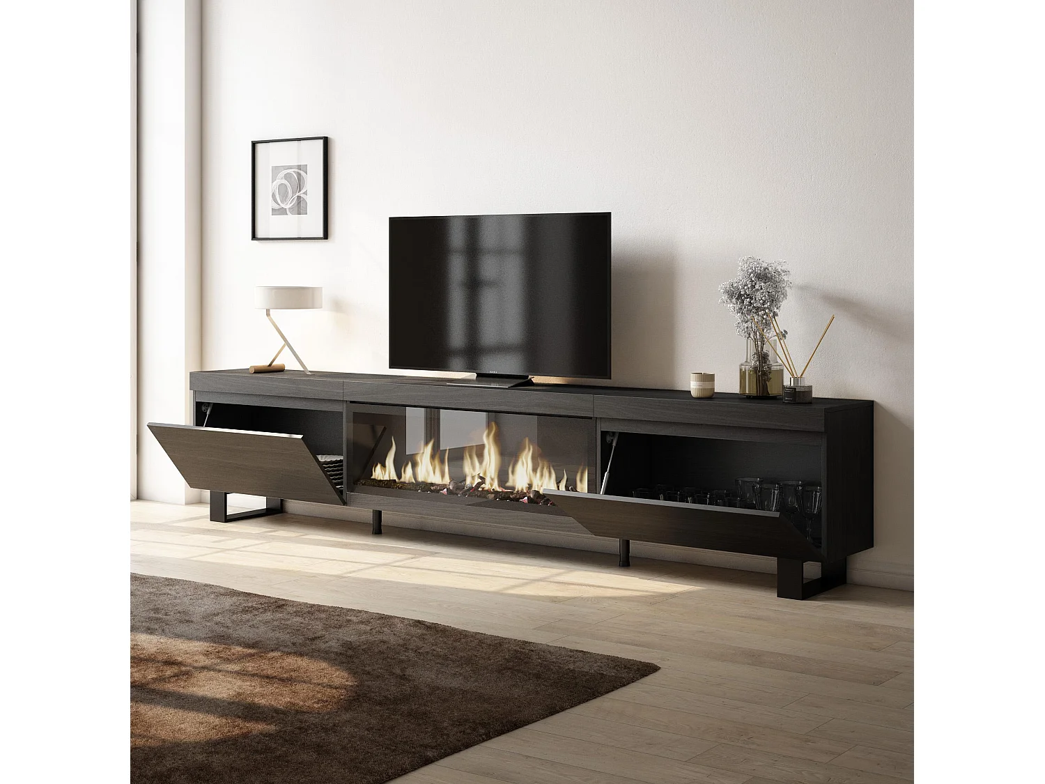 TV-Schrank, Lowboard, 267x35x57cm, Für großformatiges TV, Elektrokamin XXL, Industriedesign, Schwarz