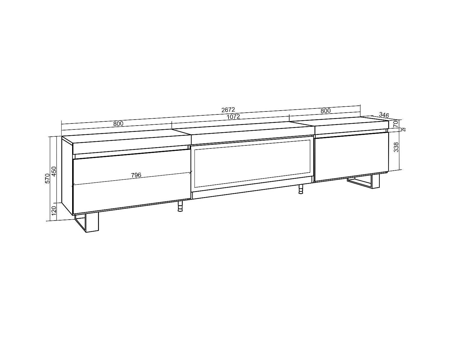 TV-Meubel, Lowboard, 267x35x57cm, Groot formaat TV, Elektrische haard XXL, Industrieel design, Zwart