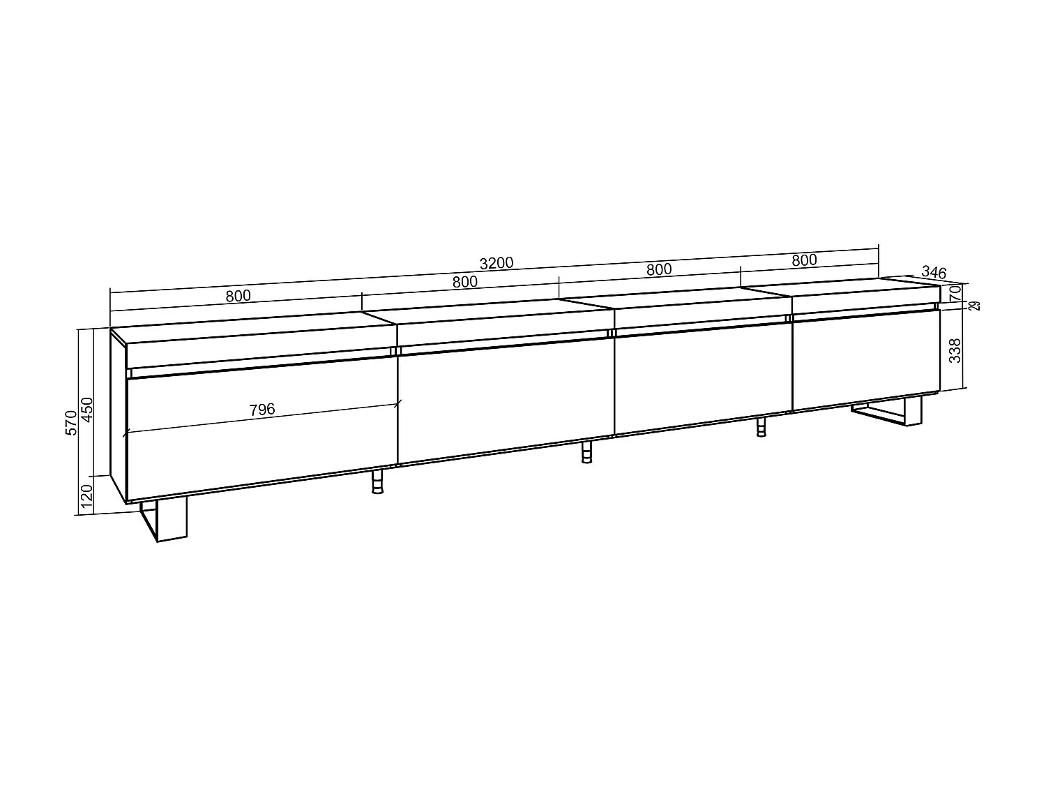 Mueble TV, Televisión, 320x35x57cm, Para TV gran formato, Diseño industrial, Cemento