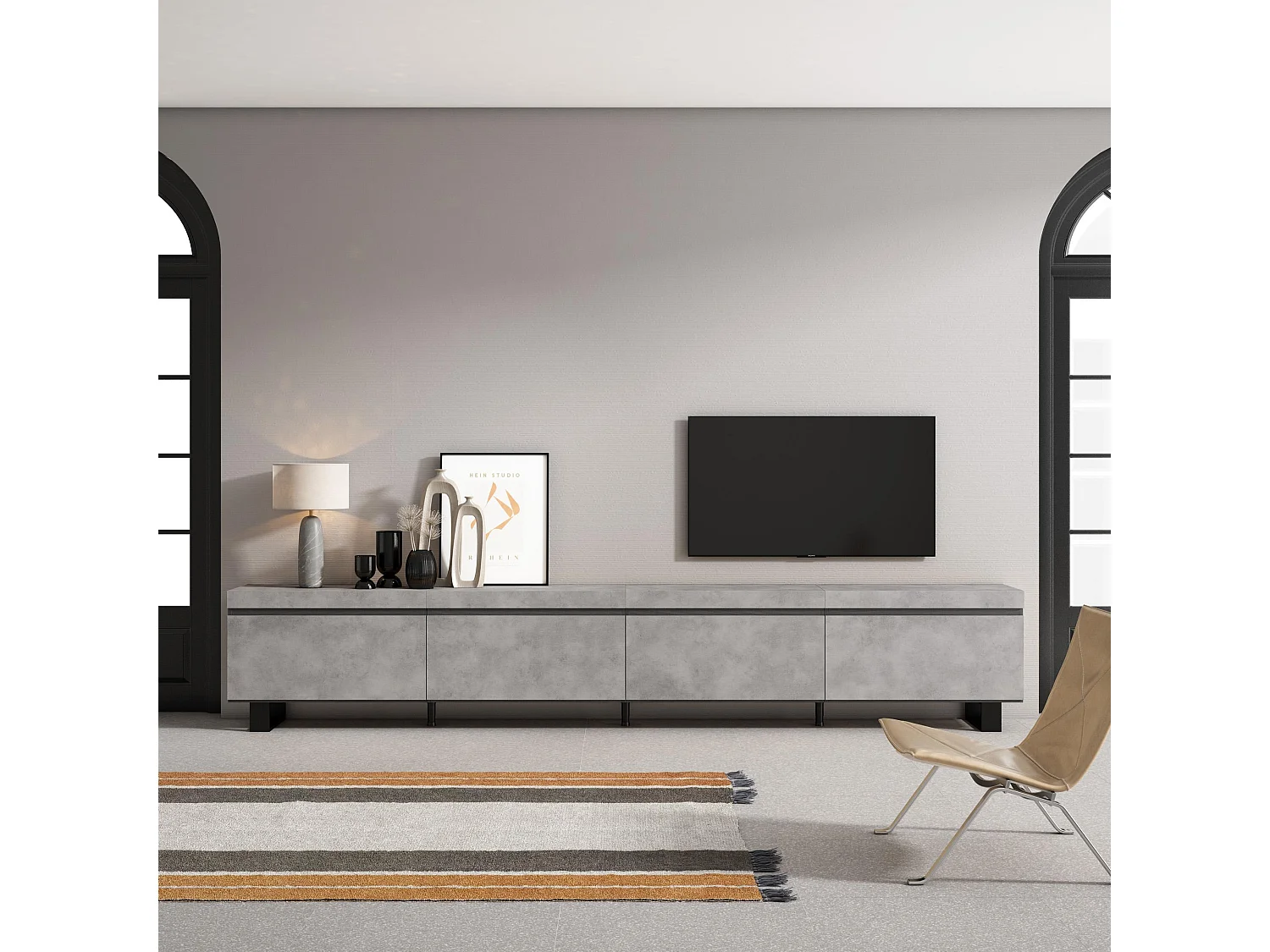 Meuble TV, Banc Télé, 320x35x57 cm, TV grand format, Design industriel, Ciment