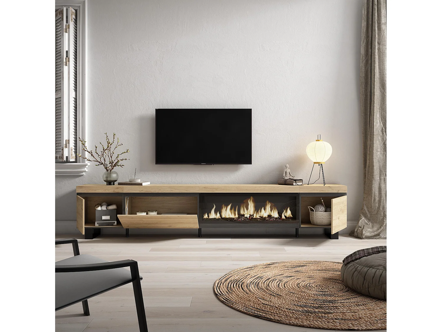 Meuble TV, Banc Télé, 288x35x57 cm, TV grand format, Cheminée électrique XXL, Design industriel, Chêne