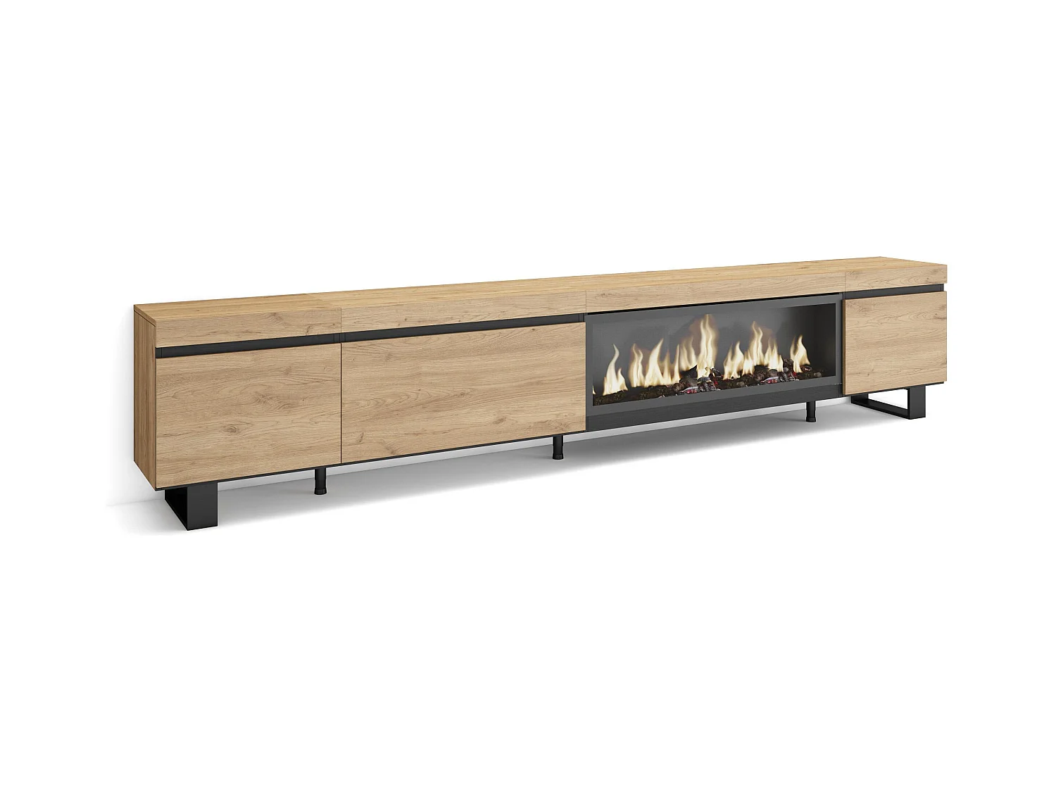 Meuble TV, Banc Télé, 288x35x57 cm, TV grand format, Cheminée électrique XXL, Design industriel, Chêne