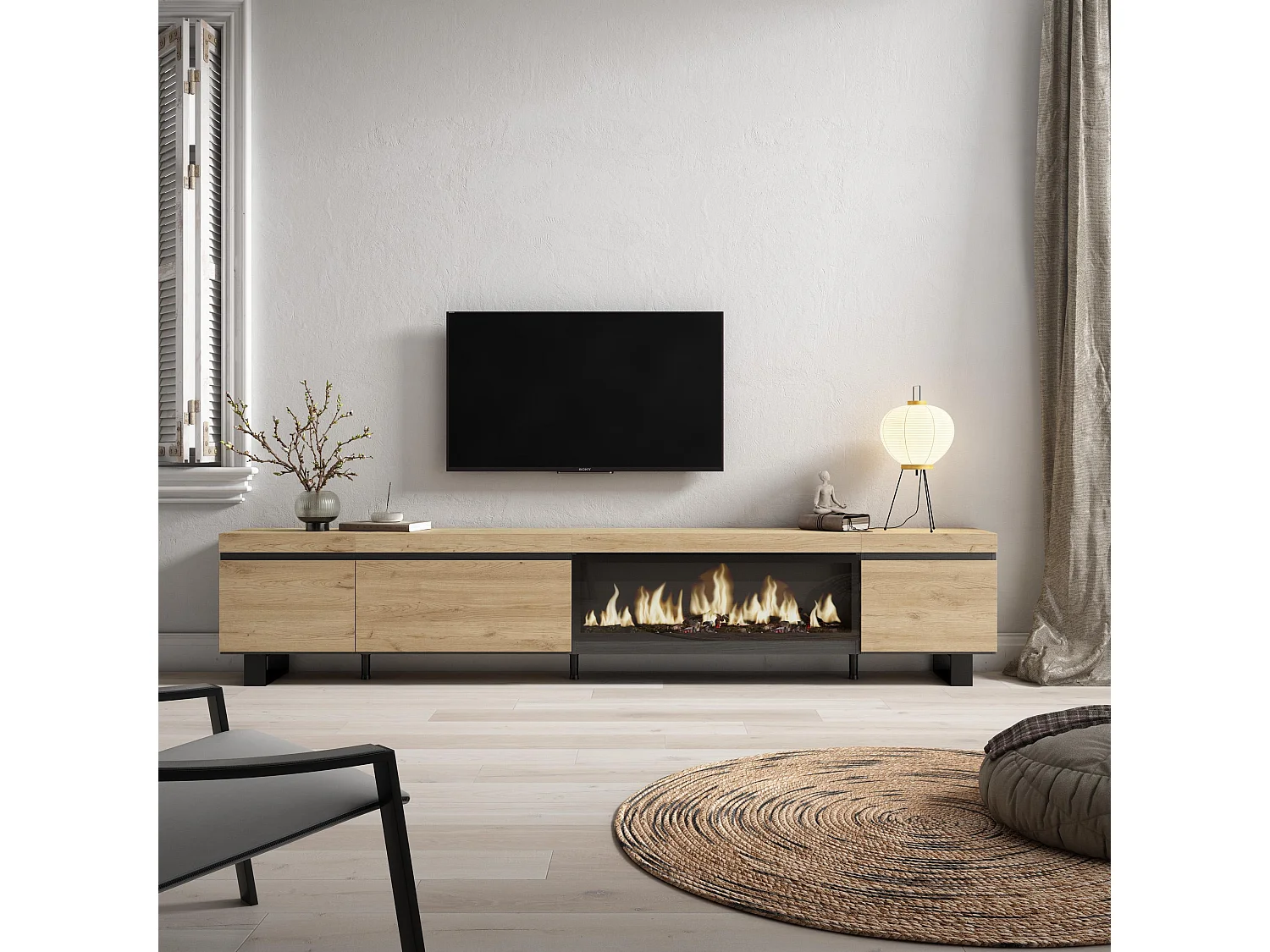 Meuble TV, Banc Télé, 288x35x57 cm, TV grand format, Cheminée électrique XXL, Design industriel, Chêne