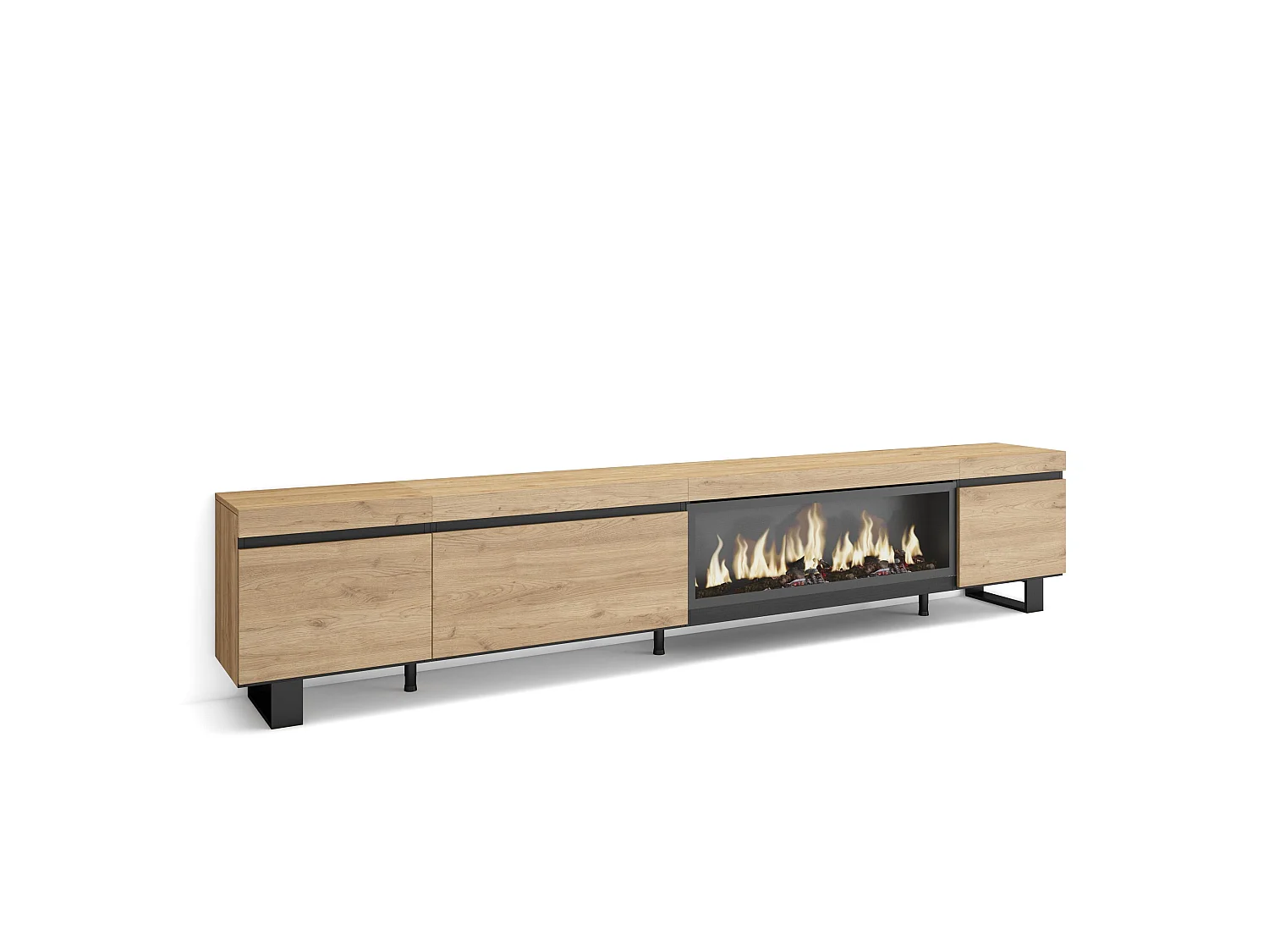 TV-Meubel, Lowboard, 288x35x57cm, Groot formaat TV, Elektrische haard XXL, Industrieel design, Eiken