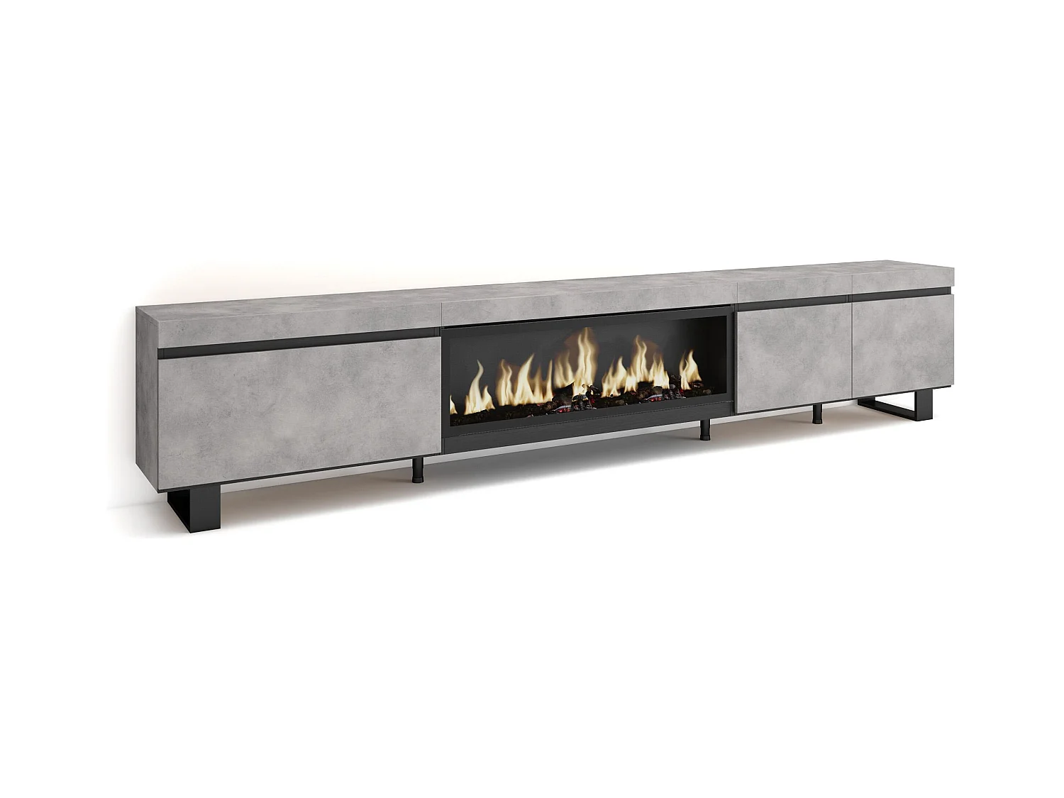 Meuble TV, Banc Télé, 288x35x57 cm, TV grand format, Cheminée électrique XXL, Design industriel, Ciment