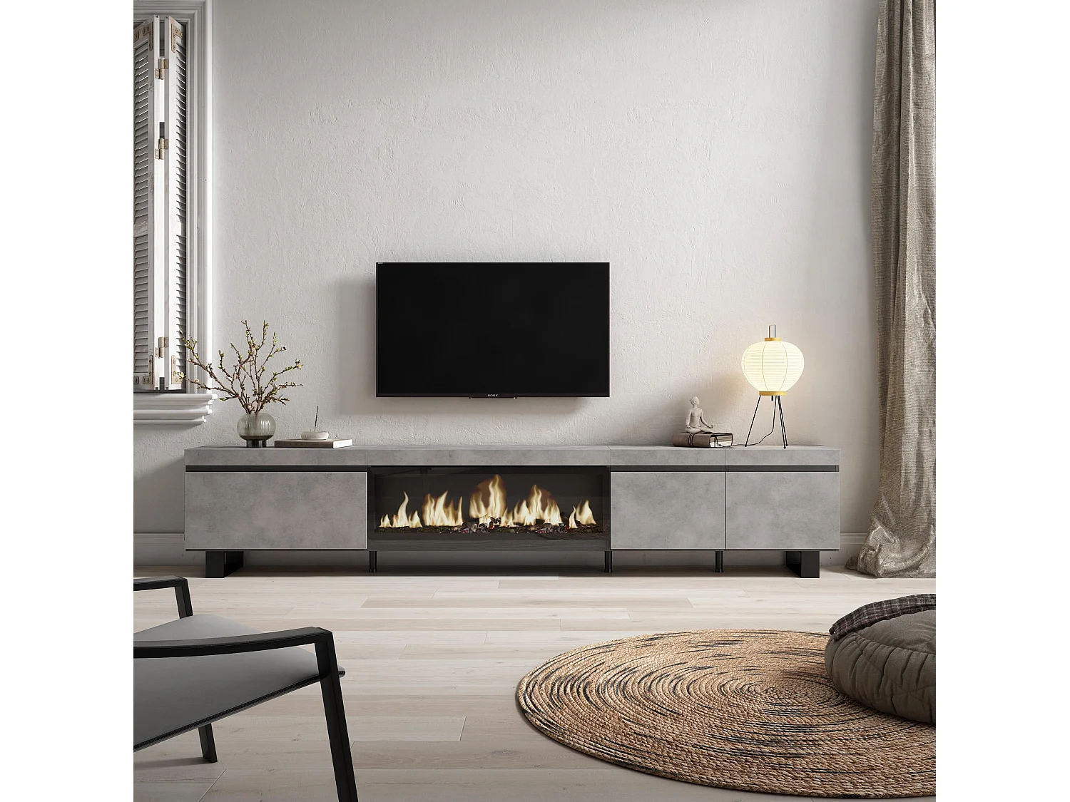 Meuble TV, Banc Télé, 288x35x57 cm, TV grand format, Cheminée électrique XXL, Design industriel, Ciment