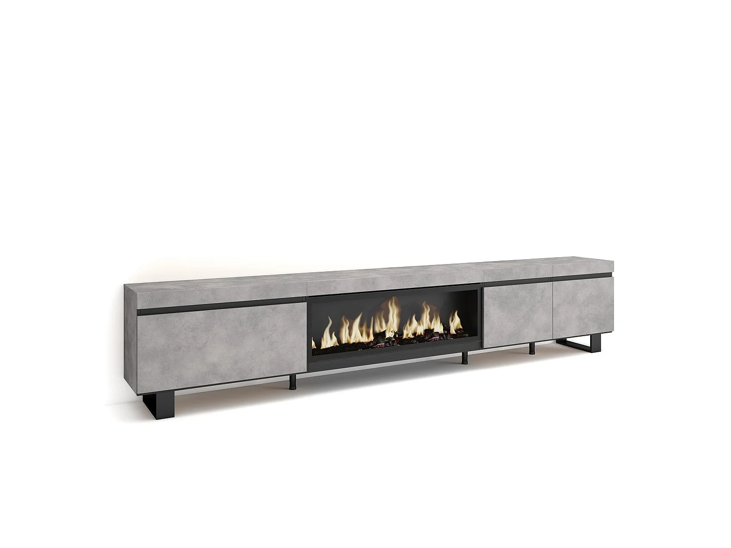 TV-Schrank, Lowboard, 288x35x57cm, Für großformatiges TV, Elektrokamin XXL, Industriedesign, Zement