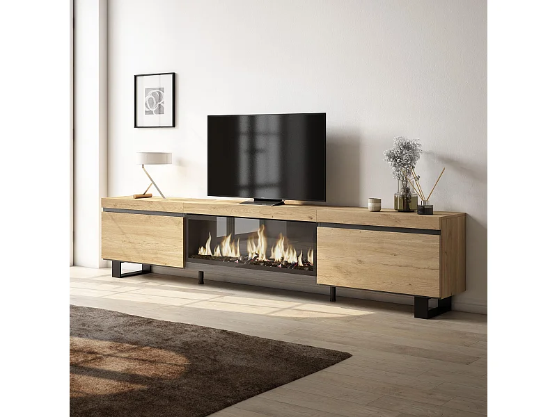 Mueble TV, Televisión, 267x35x57cm, Para TV gran formato, Chimenea eléctrica XXL, Diseño industrial, Roble