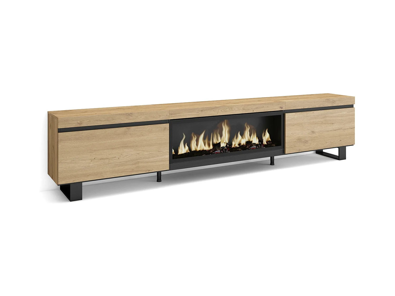 Meuble TV, Banc Télé, 267x35x57 cm, TV grand format, Cheminée électrique XXL, Design industriel, Chêne