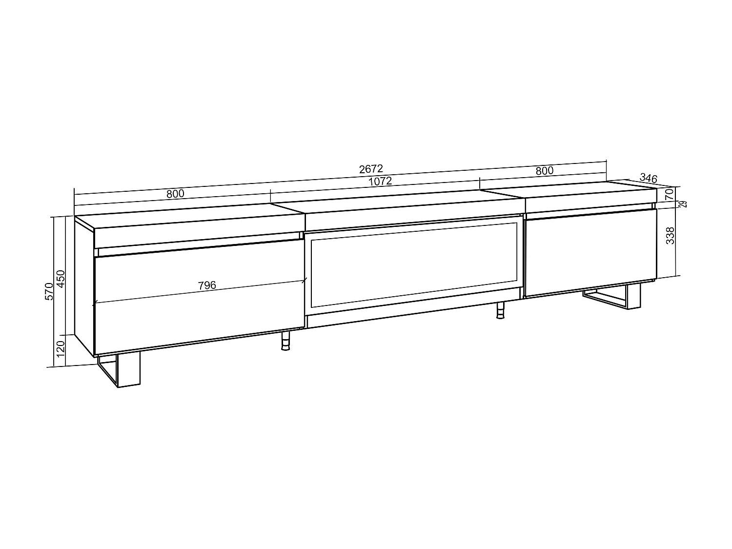 Meuble TV, Banc Télé, 267x35x57 cm, TV grand format, Cheminée électrique XXL, Design industriel, Chêne