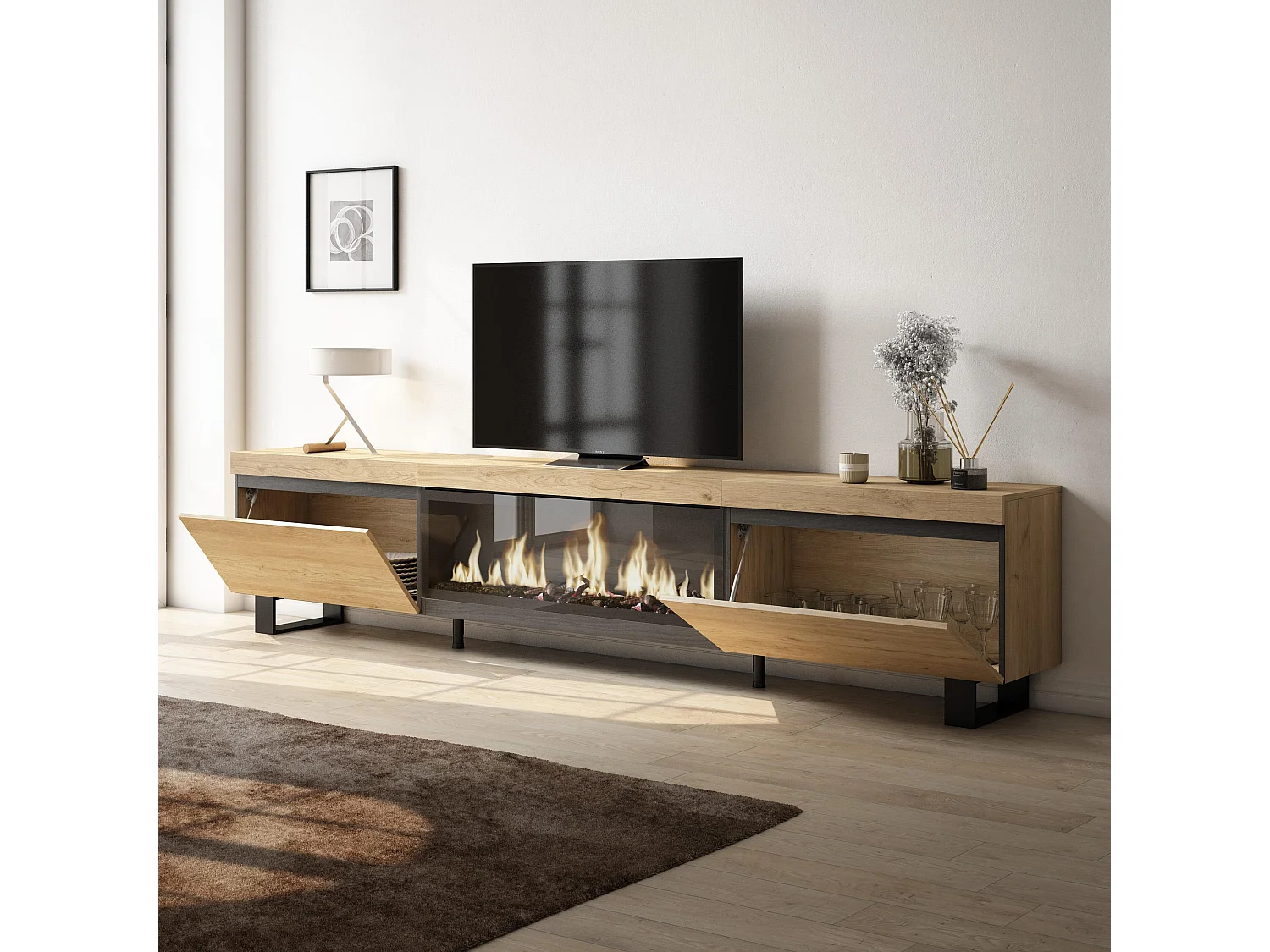 Meuble TV, Banc Télé, 267x35x57cm, TV grand format, Cheminée électrique XXL, Design industriel, Chêne