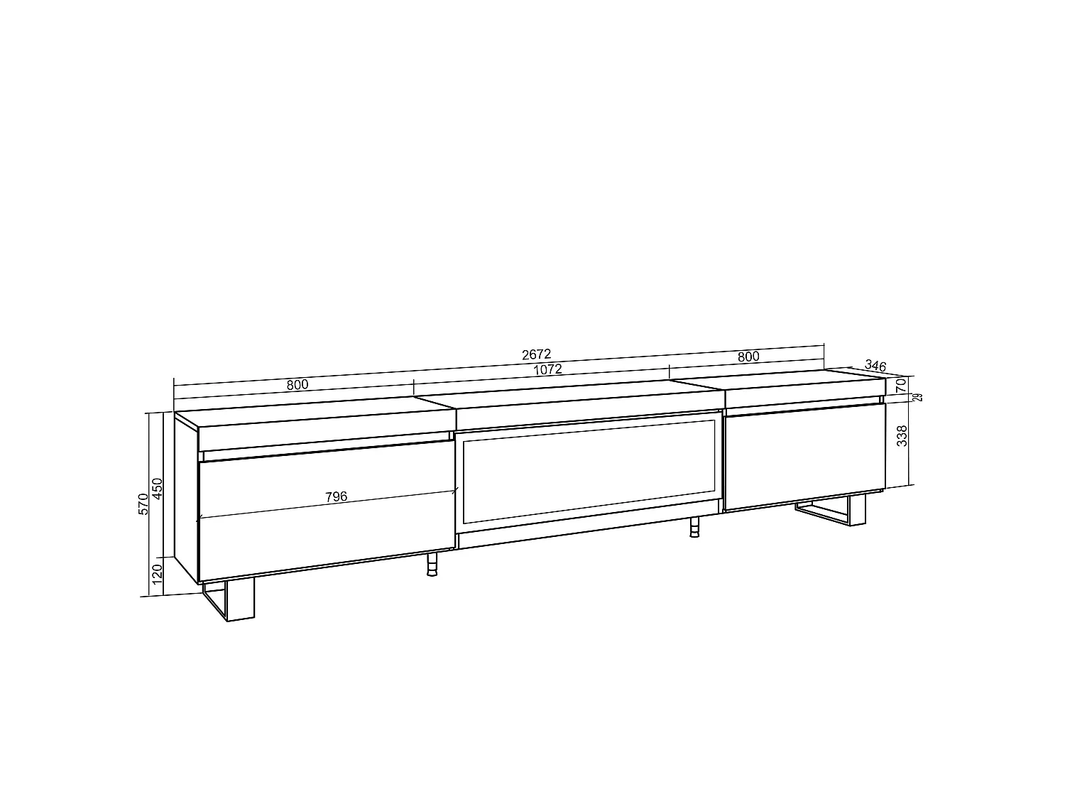 Meuble TV, Banc Télé, 267x35x57cm, TV grand format, Cheminée électrique XXL, Design industriel, Chêne