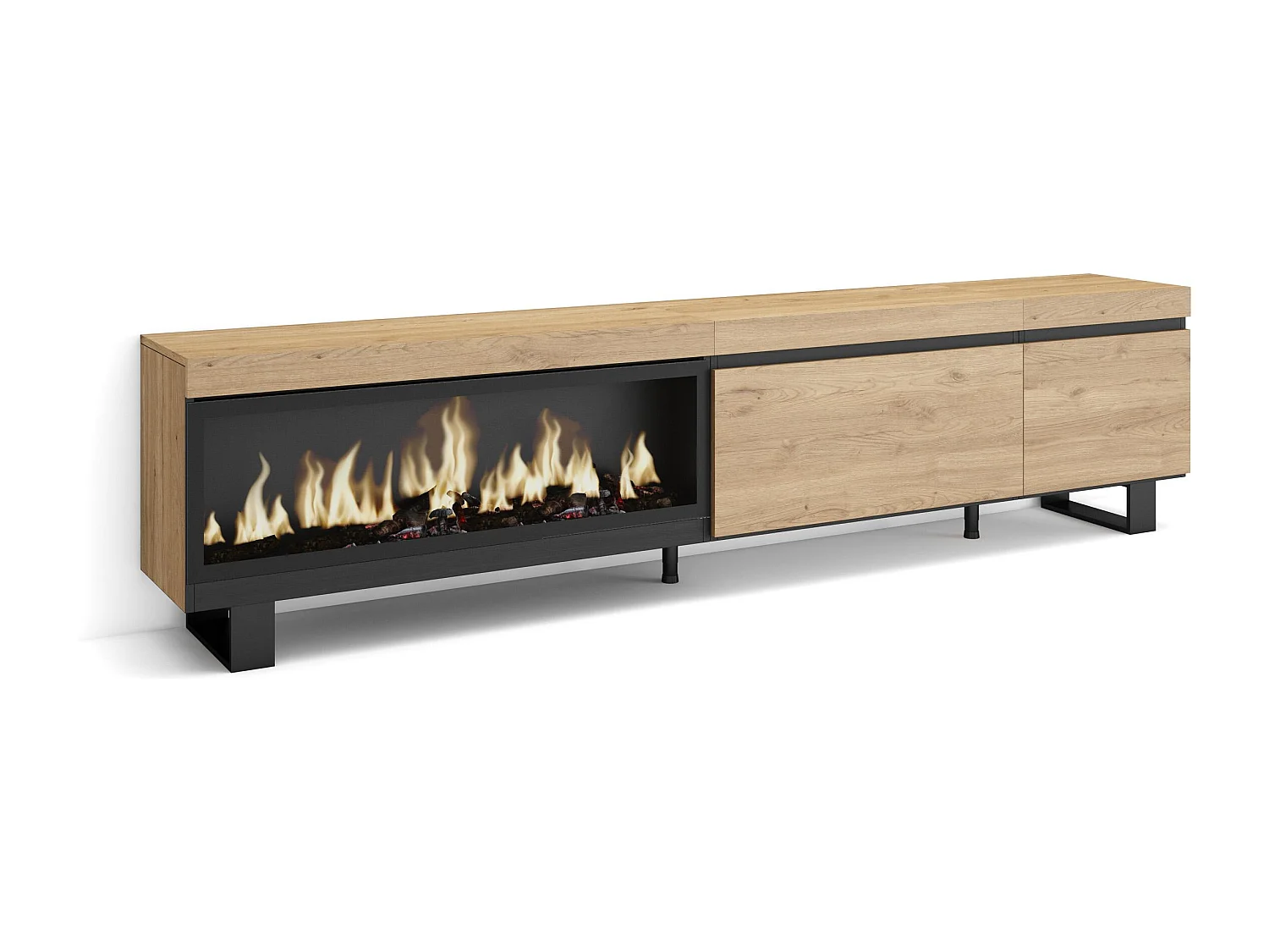 Meuble TV, Banc Télé, 237x35x57 cm, TV grand format, Cheminée électrique XXL, Design industriel, Chêne