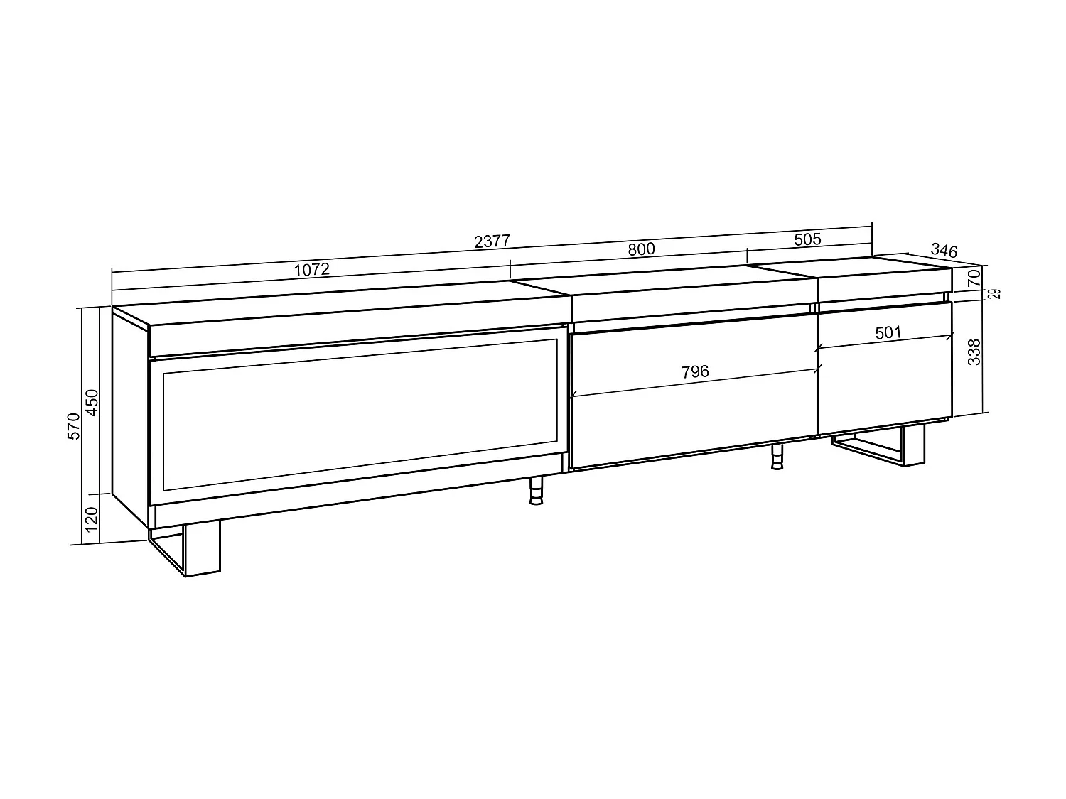 Meuble TV, Banc Télé, 237x35x57 cm, TV grand format, Cheminée électrique XXL, Design industriel, Chêne