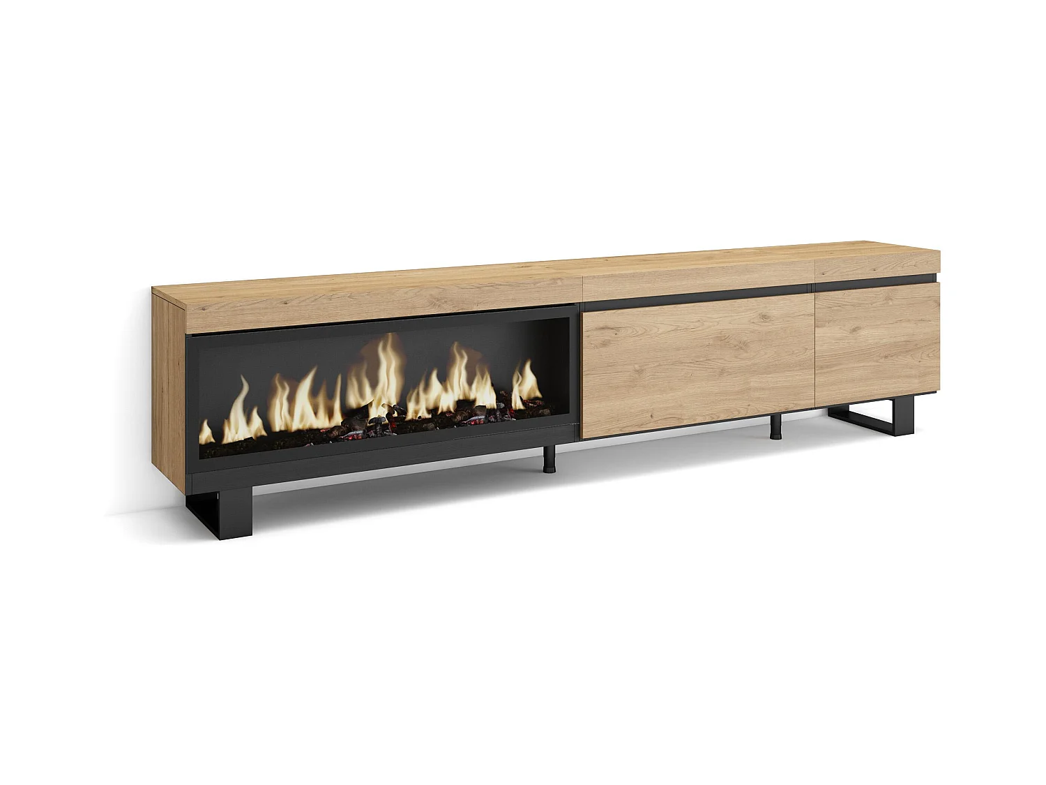 Meuble TV, Banc Télé, 237x35x57 cm, TV grand format, Cheminée électrique XXL, Design industriel, Chêne