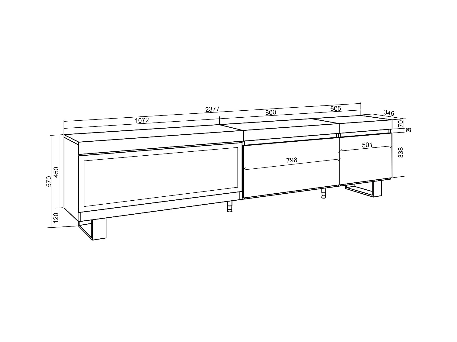 TV-Meubel, Lowboard, 237x35x57cm, Groot formaat TV, Elektrische haard XXL, Industrieel design, Eiken
