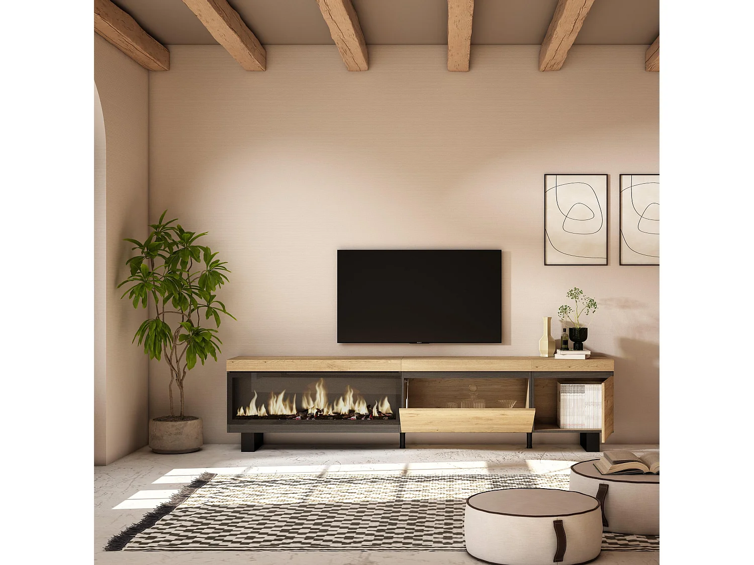 TV-Meubel, Lowboard, 237x35x57cm, Groot formaat TV, Elektrische haard XXL, Industrieel design, Eiken