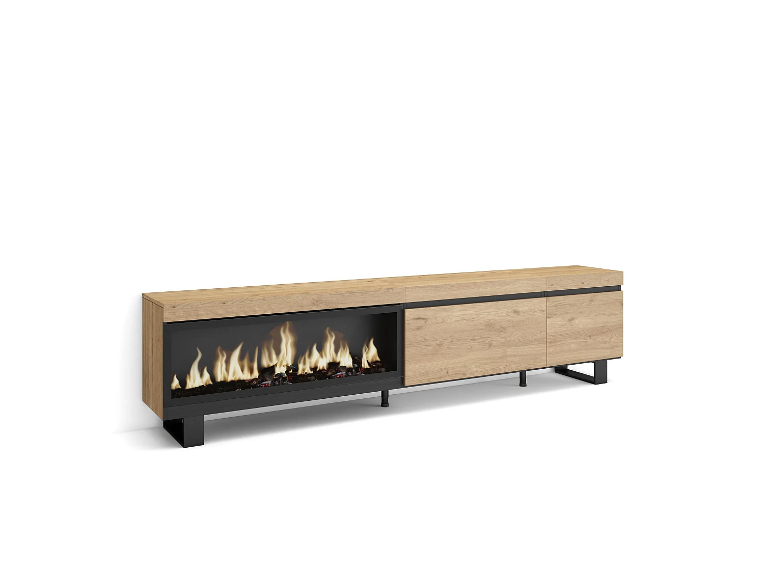 Meuble TV, Banc Télé, 237x35x57cm, TV grand format, Cheminée électrique XXL, Design industriel, Chêne