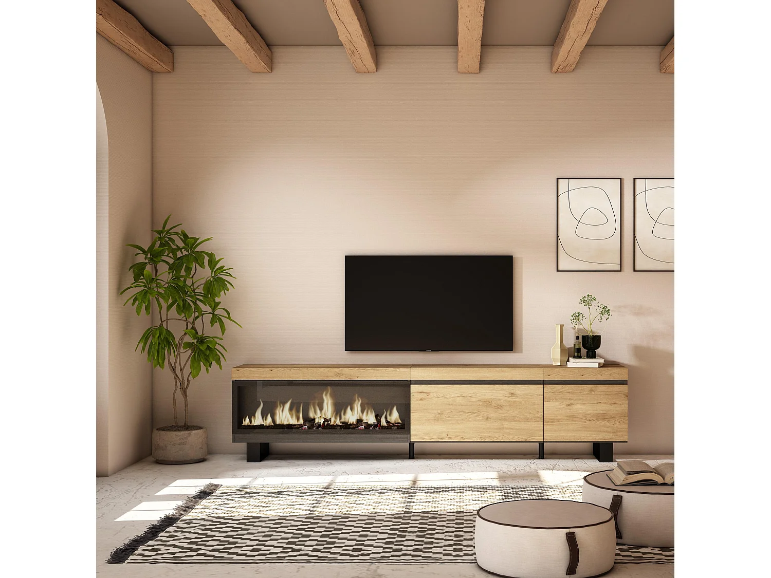 Meuble TV, Banc Télé, 237x35x57cm, TV grand format, Cheminée électrique XXL, Design industriel, Chêne