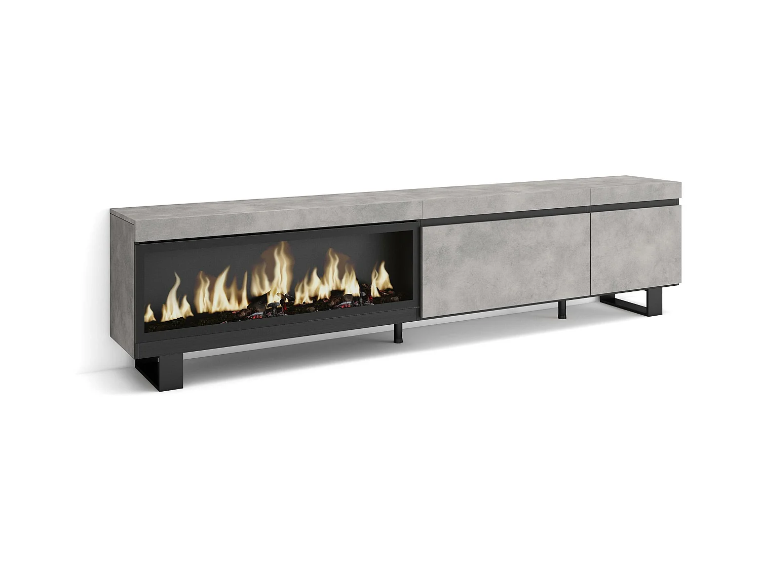 Meuble TV, Banc Télé, 237x35x57 cm, TV grand format, Cheminée électrique XXL, Design industriel, Ciment