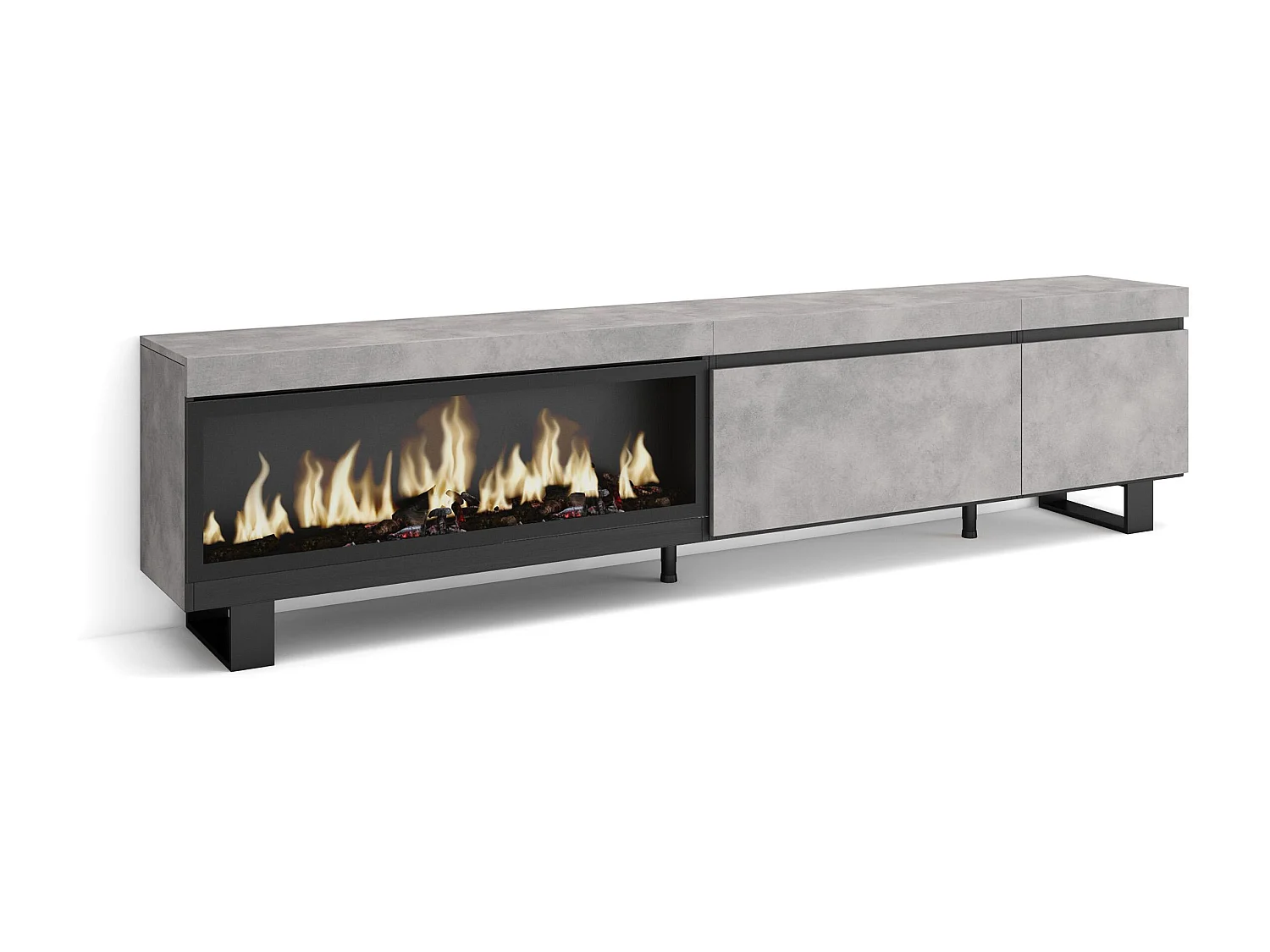 Meuble TV, Banc Télé, 237x35x57cm, TV grand format, Cheminée électrique XXL, Design industriel, Ciment