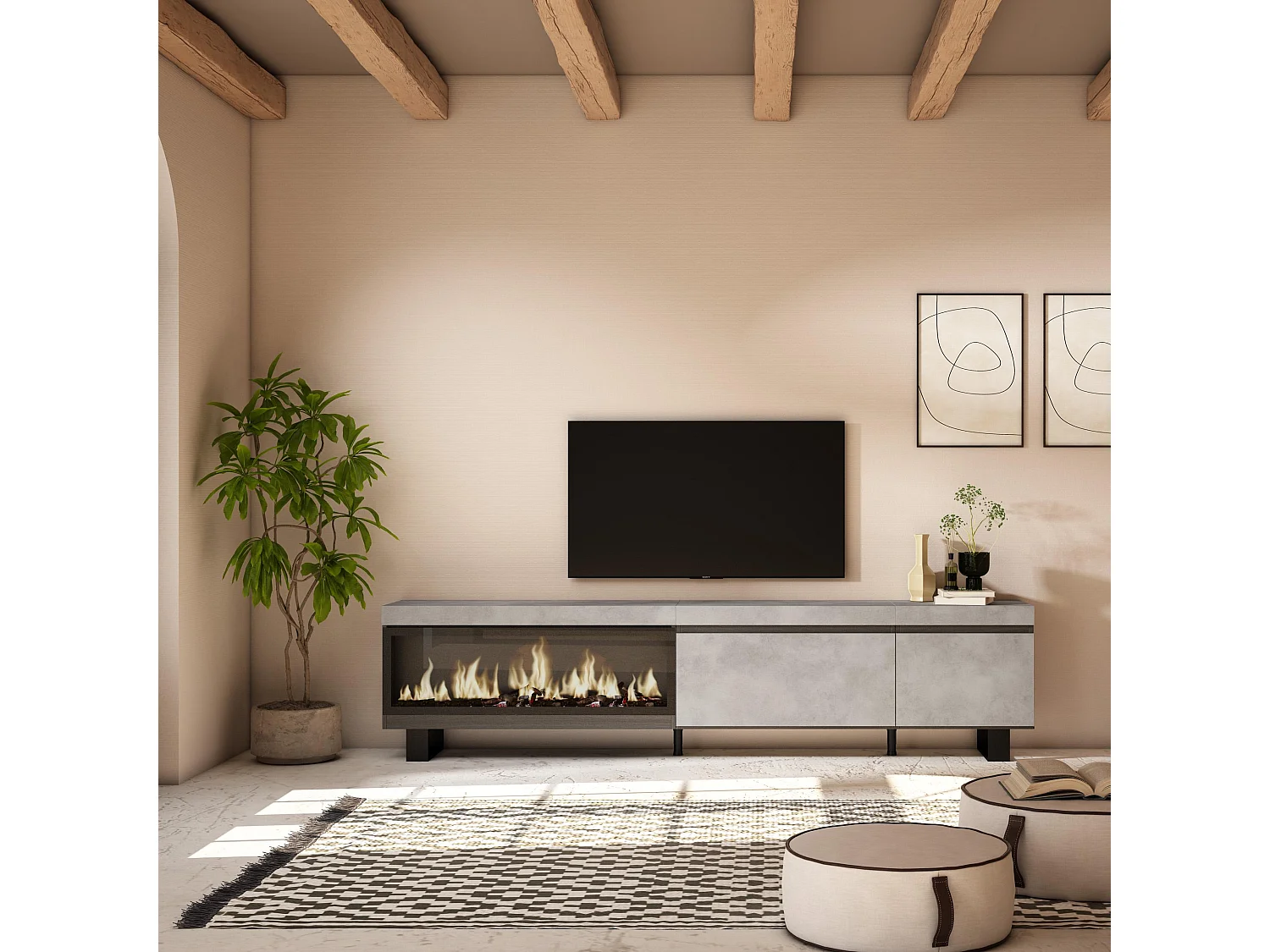 Meuble TV, Banc Télé, 237x35x57cm, TV grand format, Cheminée électrique XXL, Design industriel, Ciment