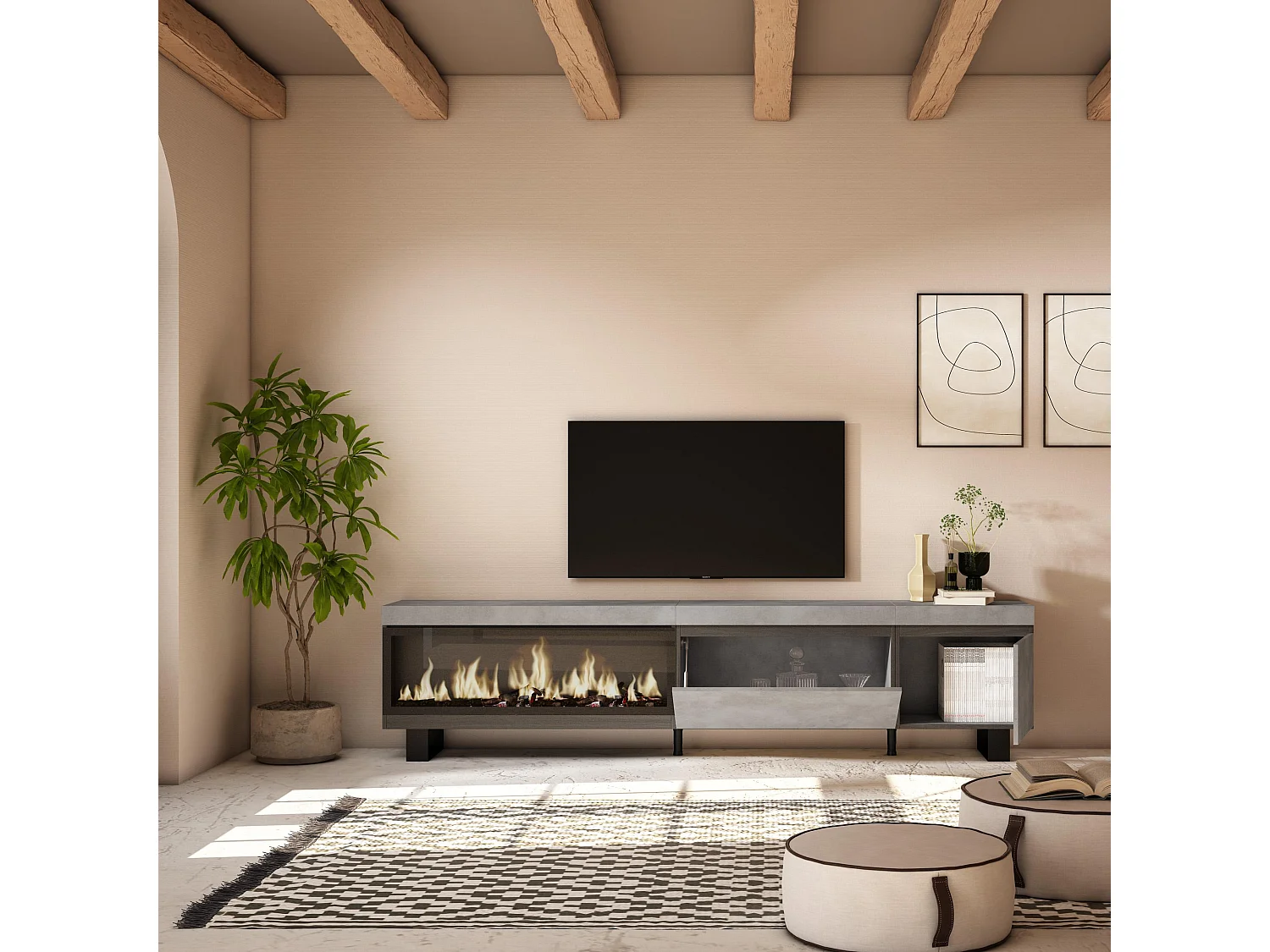 Meuble TV, Banc Télé, 237x35x57cm, TV grand format, Cheminée électrique XXL, Design industriel, Ciment