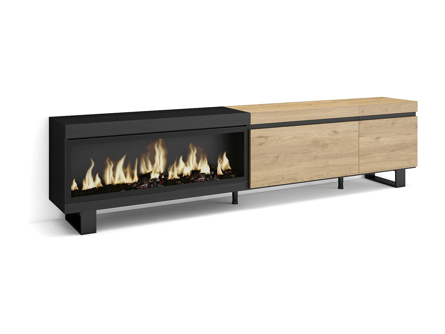 Mueble TV, Televisión, 237x35x57cm, Para TV gran formato, Chimenea eléctrica XXL, Diseño industrial, Roble y negro