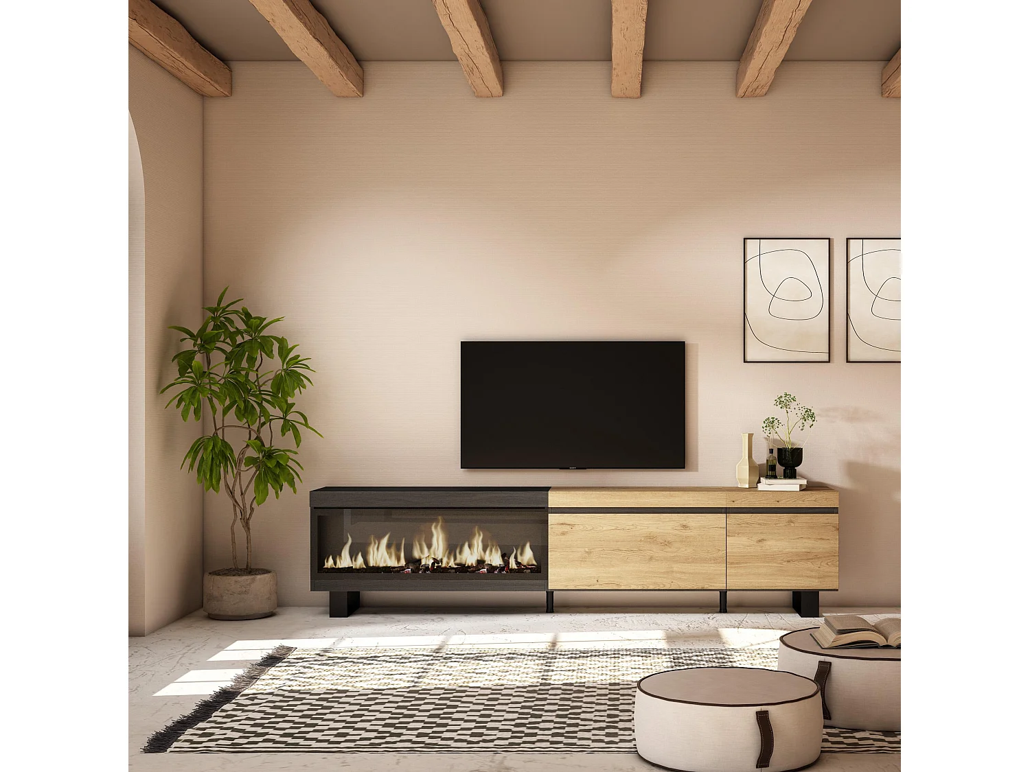 Mueble TV, Televisión, 237x35x57cm, Para TV gran formato, Chimenea eléctrica XXL, Diseño industrial, Roble y negro