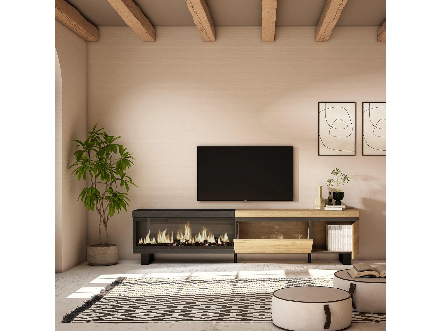 Mueble TV, Televisión, 237x35x57cm, Para TV gran formato, Chimenea eléctrica XXL, Diseño industrial, Roble y negro