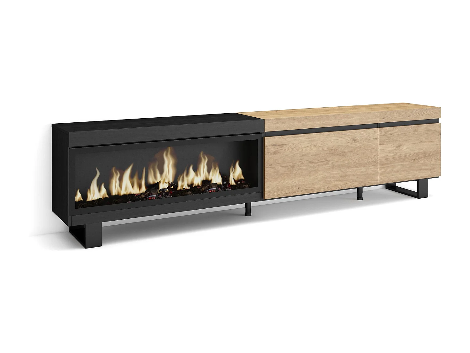 Meuble TV, Banc Télé, 237x35x57 cm, TV grand format, Cheminée électrique XXL, Design industriel, Chêne et noir