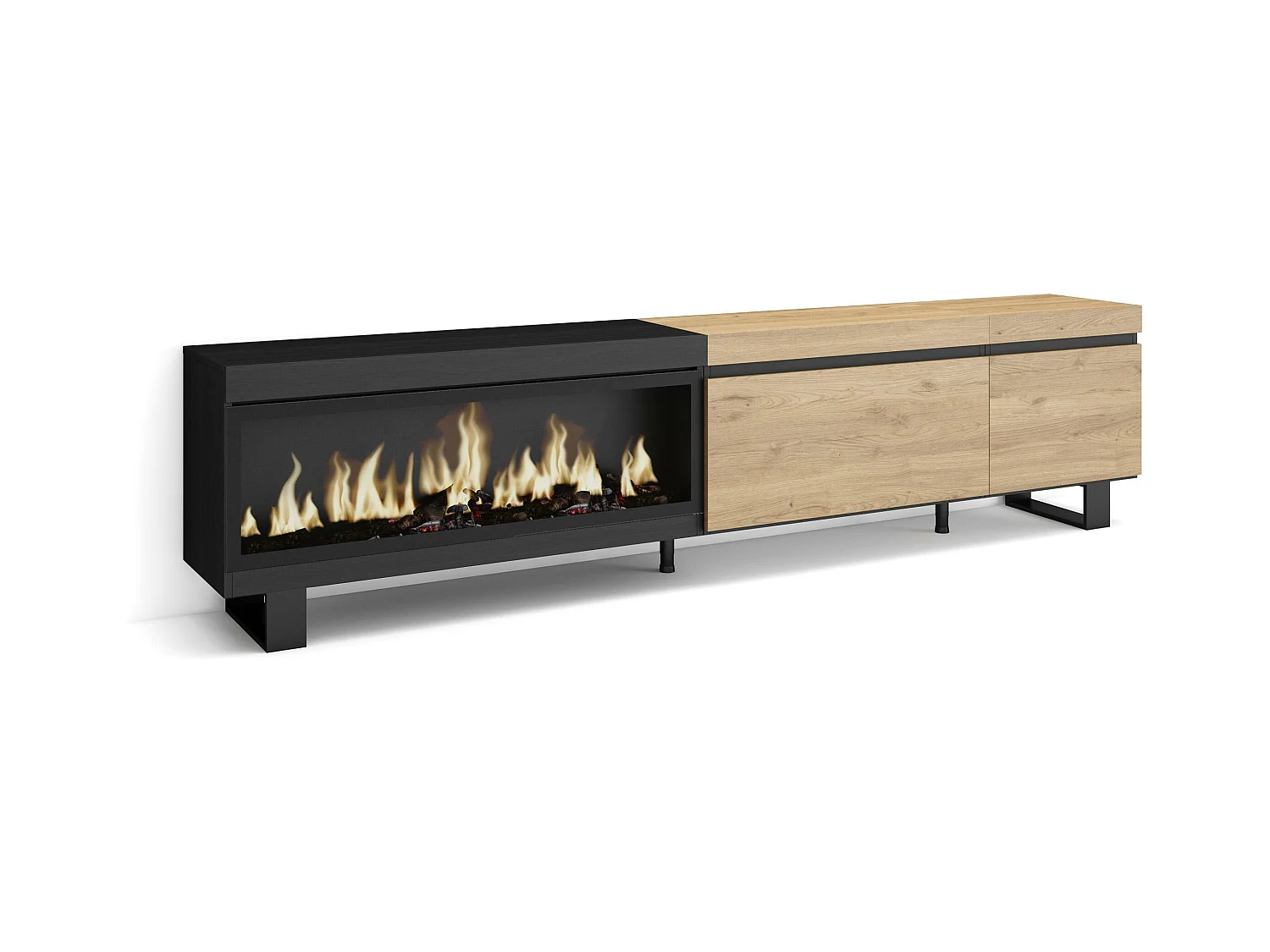 Meuble TV, Banc Télé, 237x35x57 cm, TV grand format, Cheminée électrique XXL, Design industriel, Chêne et noir