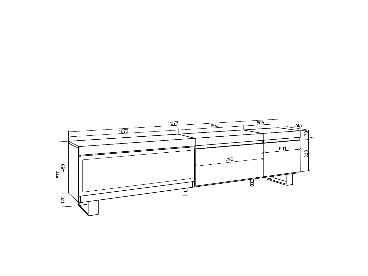 TV-Meubel, Lowboard, 237x35x57cm, Groot formaat TV, Elektrische haard XXL, Industrieel design, Eiken/Zwart