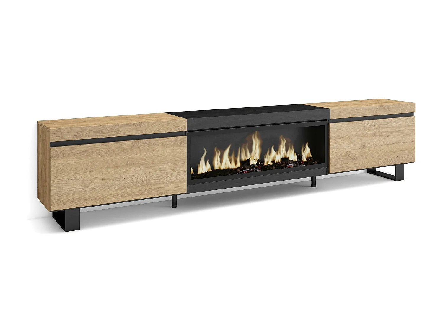 TV-Meubel, Lowboard, 267x35x57cm, Groot formaat TV, Elektrische haard XXL, Industrieel design, Eiken/Zwart