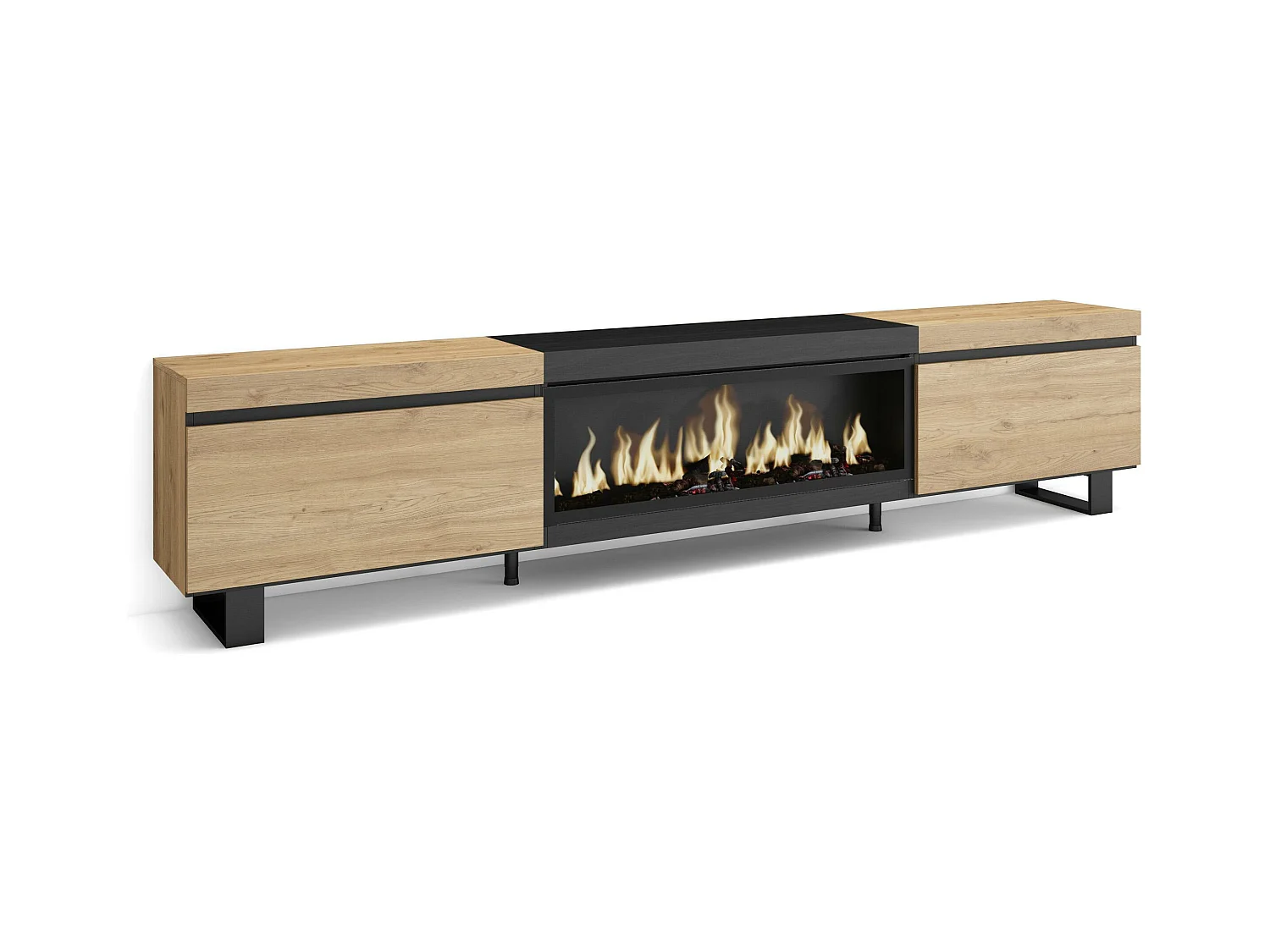 Meuble TV, Banc Télé, 267x35x57 cm, TV grand format, Cheminée électrique XXL, Design industriel, Chêne et noir