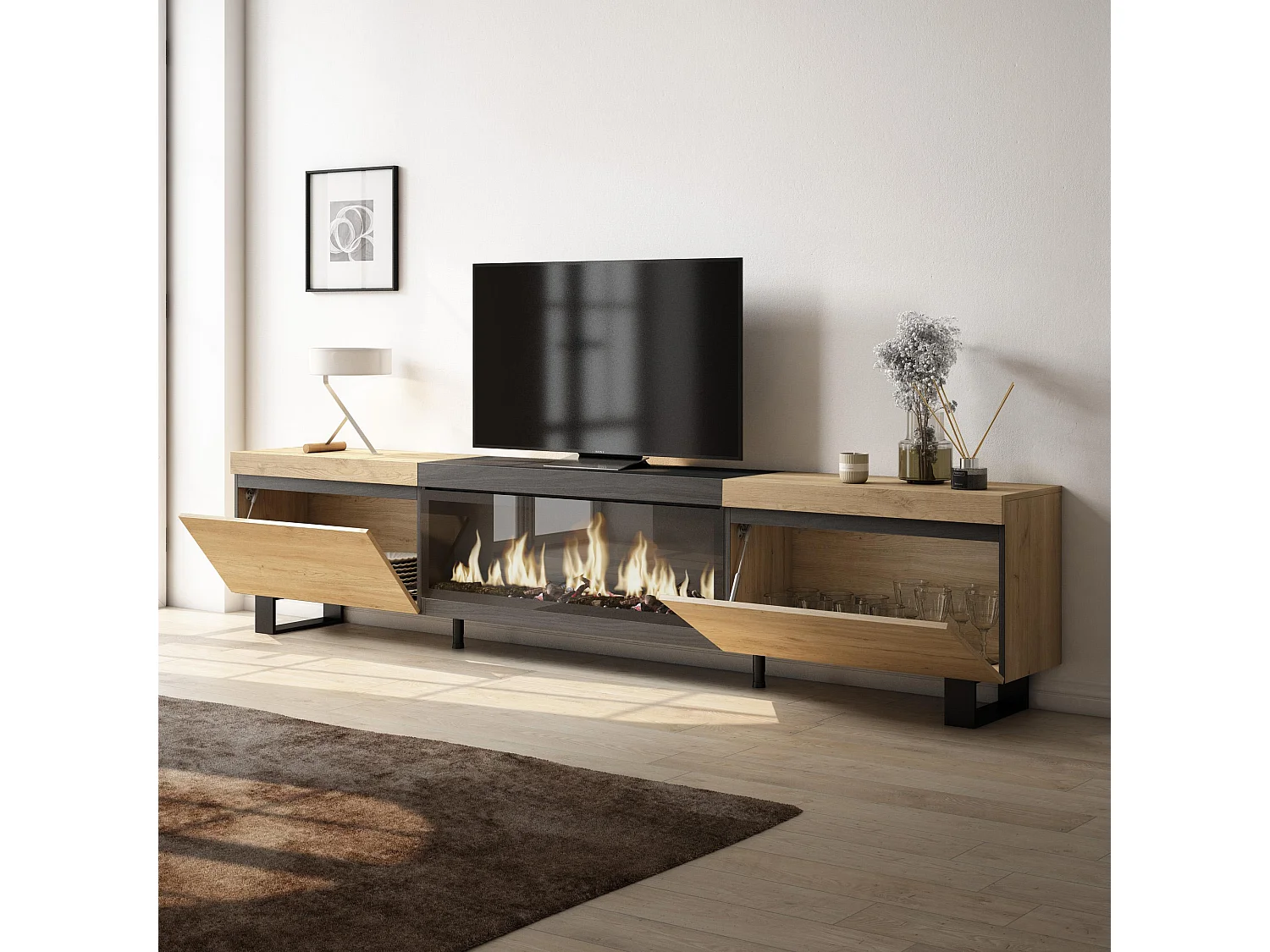 Meuble TV, Banc Télé, 267x35x57 cm, TV grand format, Cheminée électrique XXL, Design industriel, Chêne et noir