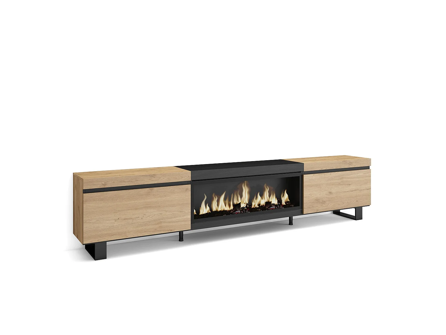 Móvel de TV, 267x35x57cm, TV de grande formato, Lareira eléctrica XXL, Design industrial, Carvahlo e preto