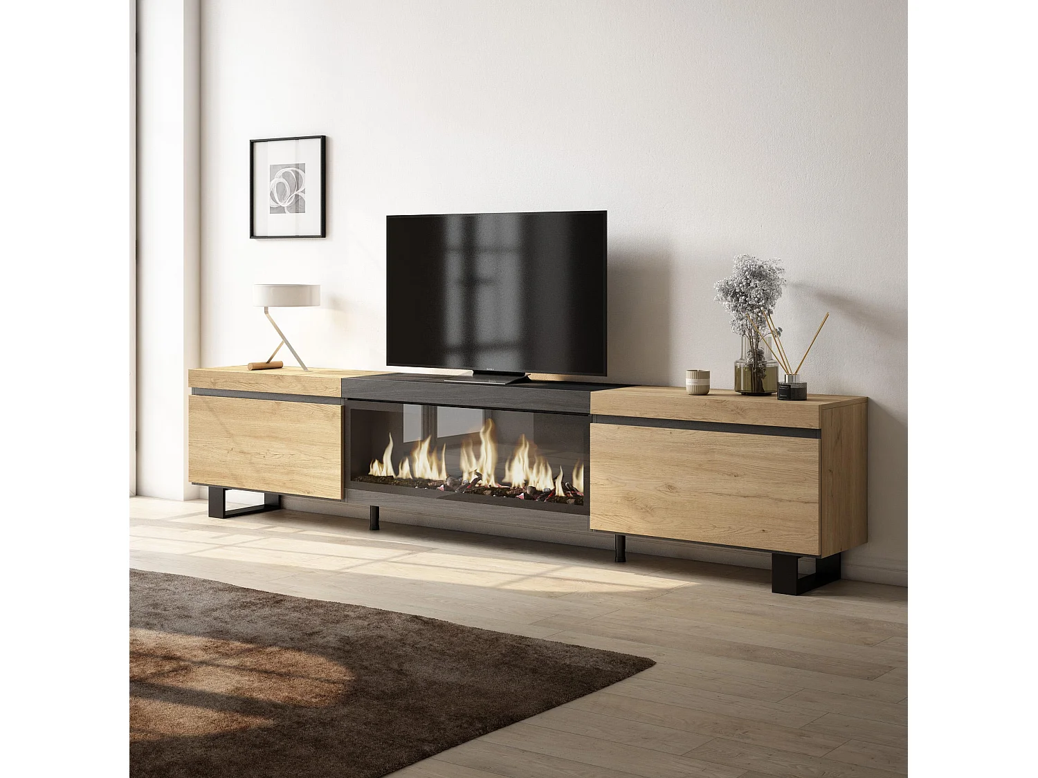 Móvel de TV, 267x35x57cm, TV de grande formato, Lareira eléctrica XXL, Design industrial, Carvahlo e preto