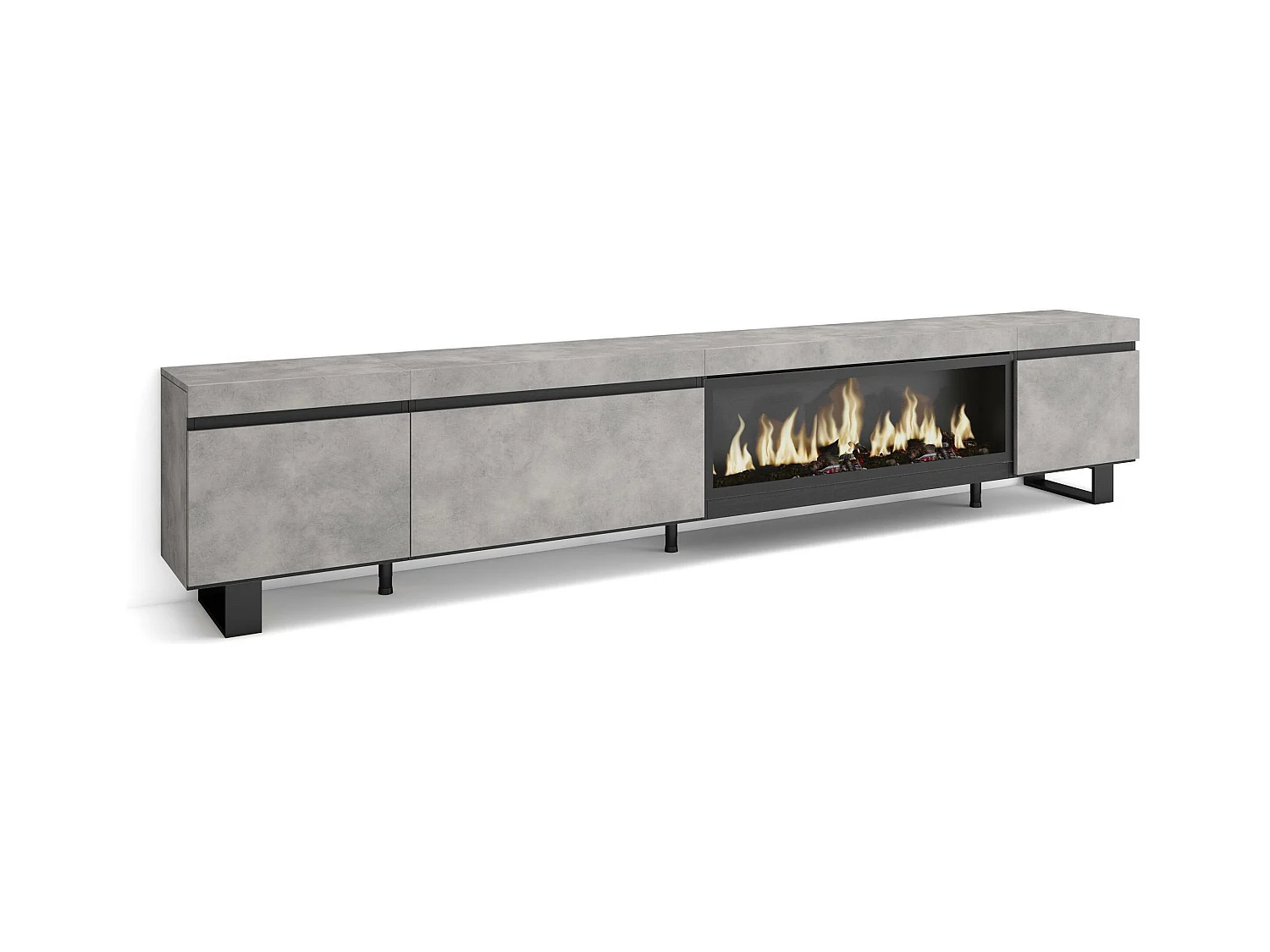 Meuble TV, Banc Télé, 288x35x57 cm, TV grand format, Cheminée électrique XXL, Design industriel, Ciment
