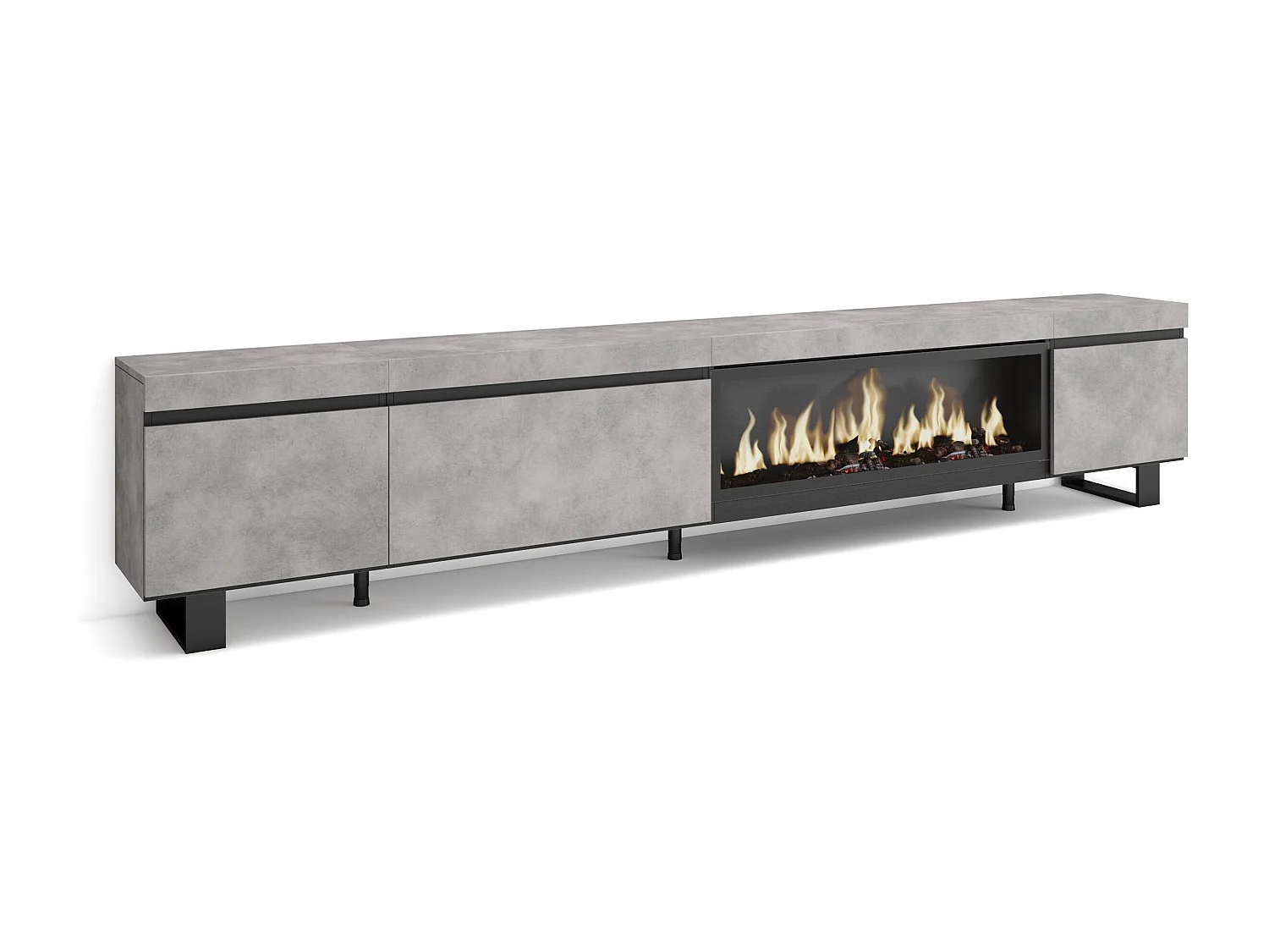 Meuble TV, Banc Télé, 288x35x57cm, TV grand format, Cheminée électrique XXL, Design industriel, Ciment