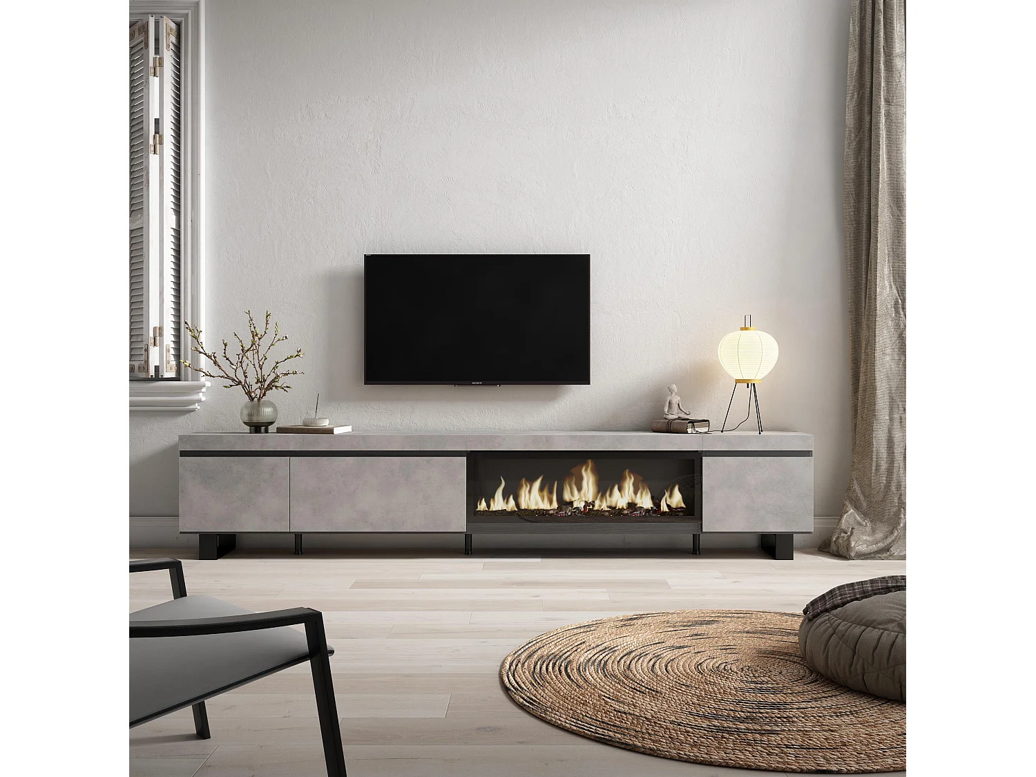 Meuble TV, Banc Télé, 288x35x57cm, TV grand format, Cheminée électrique XXL, Design industriel, Ciment