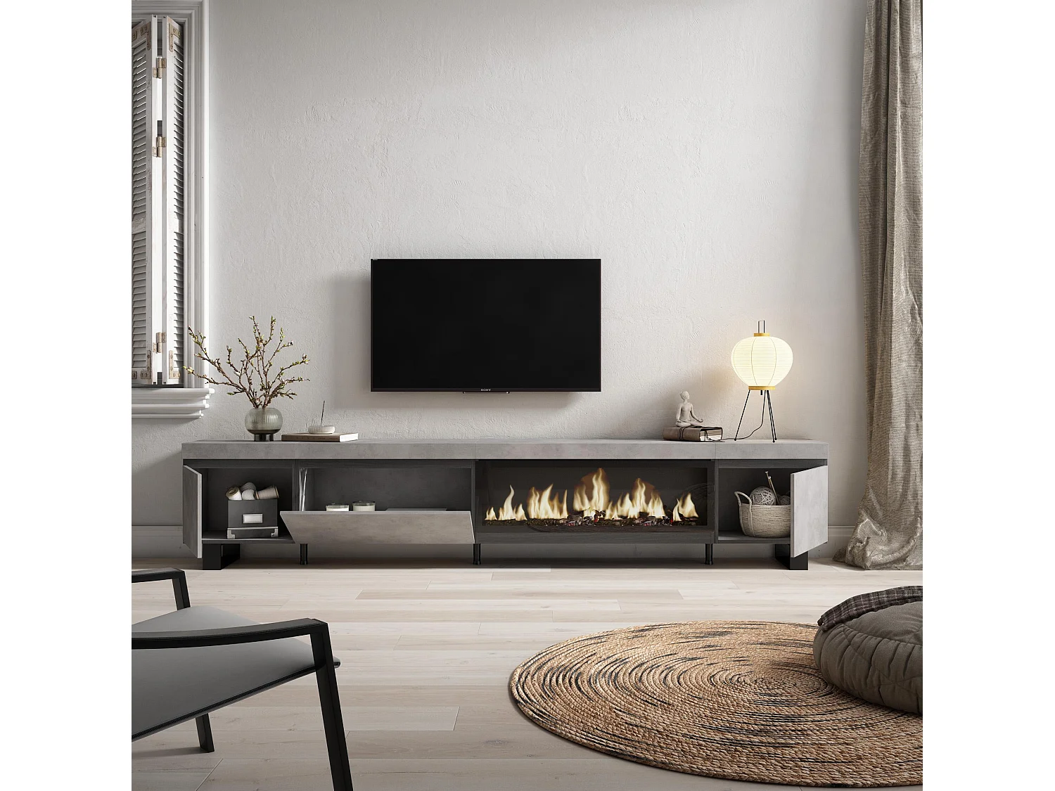 Meuble TV, Banc Télé, 288x35x57cm, TV grand format, Cheminée électrique XXL, Design industriel, Ciment
