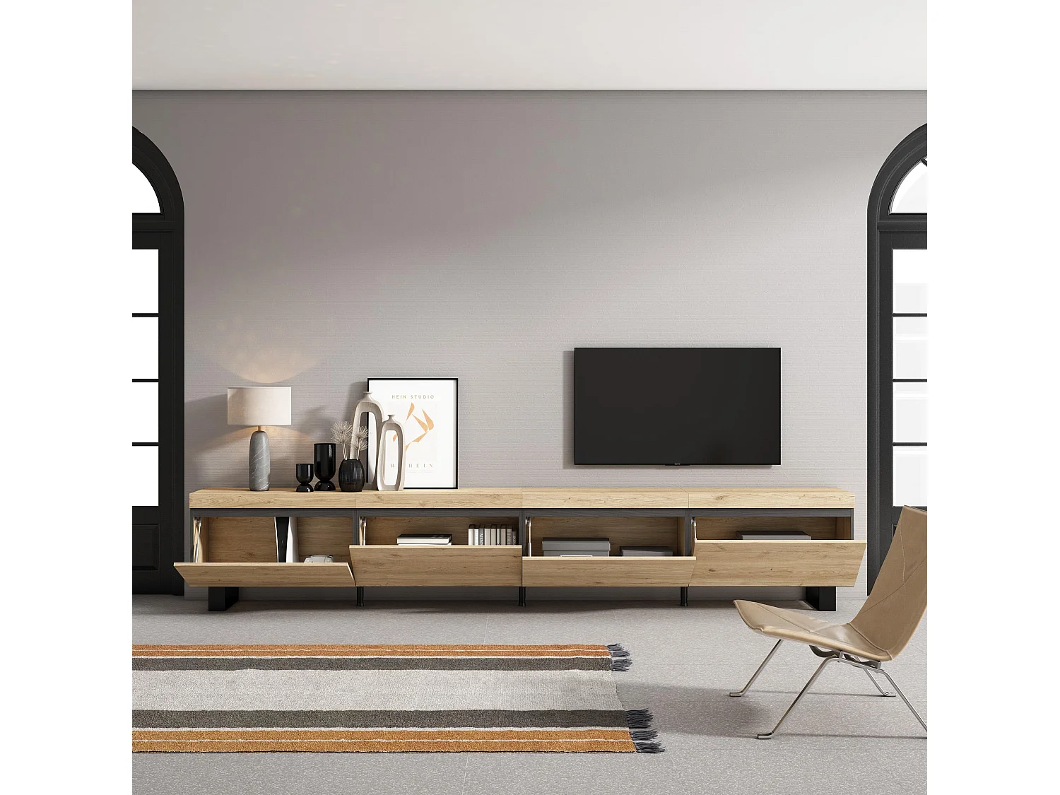 TV-Meubel, Lowboard, 320x35x57cm, Groot formaat TV, Industrieel design, Eiken