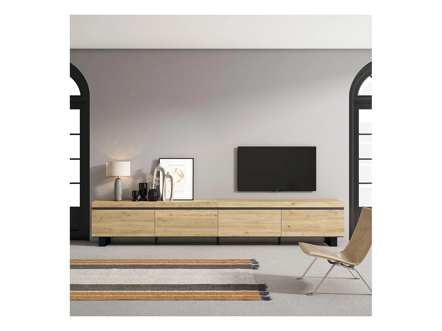 Meuble TV, Banc Télé, 320x35x57 cm, TV grand format, Design industriel, Chêne