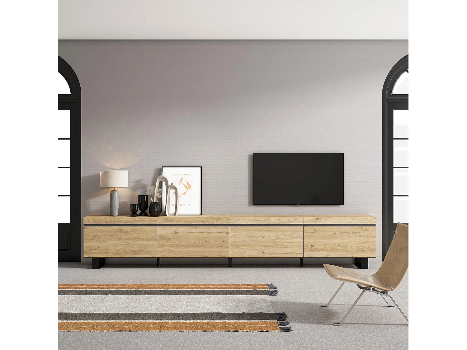 TV-Meubel, Lowboard, 320x35x57cm, Groot formaat TV, Industrieel design, Eiken