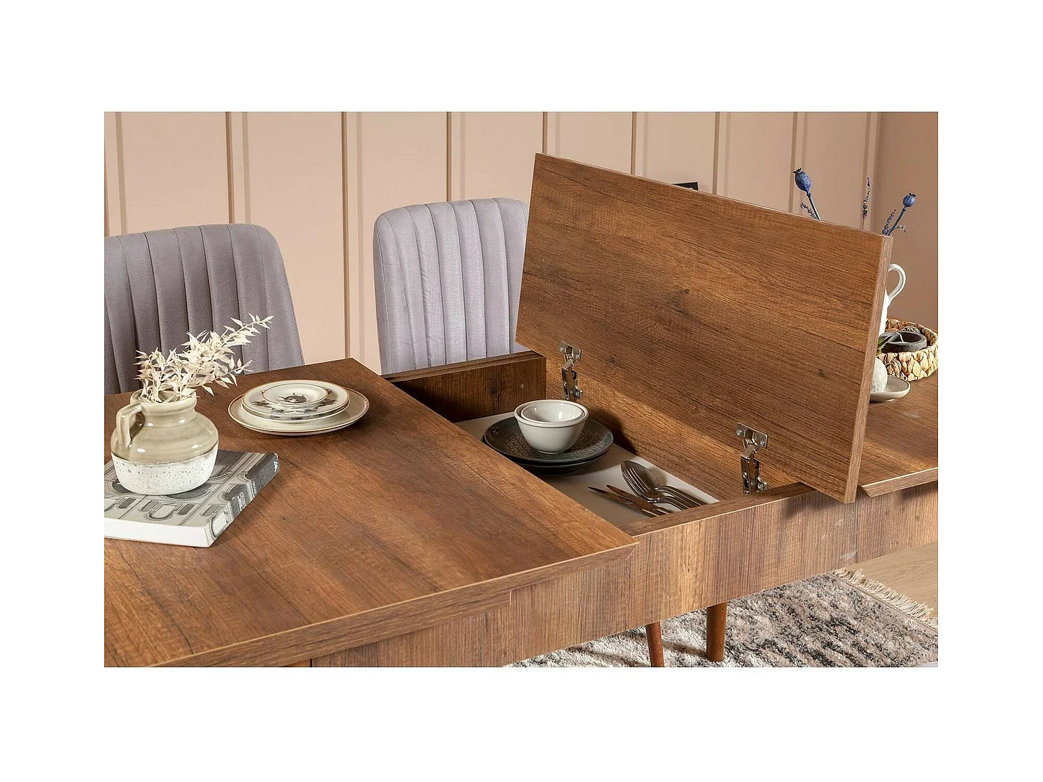 Table à rallonge Atsula, Table console avec rallonges, Table à manger polyvalente, Etagère de cuisine extensible, 130x80h77 cm, Noyer