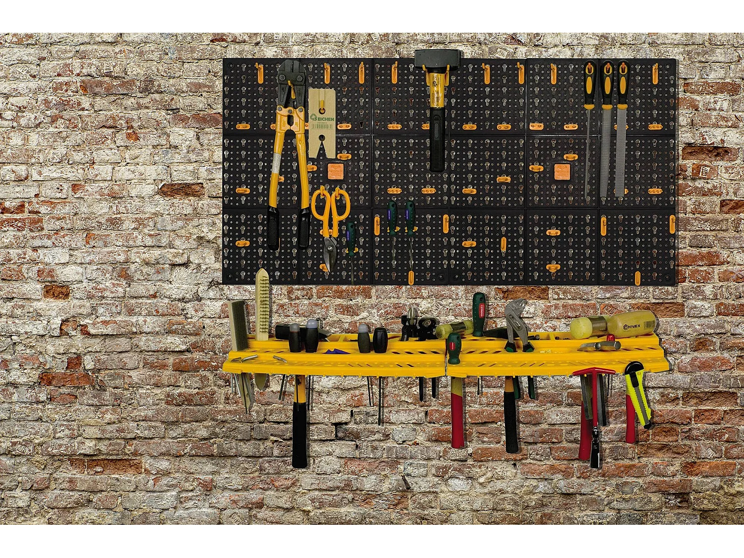 Ensemble porte-outils Floreffe, Ensemble avec 2 panneaux, 2 étagères et 50 crochets, Organisateur mural, 100% Made in Italy, 100x22h50 cm, Noir